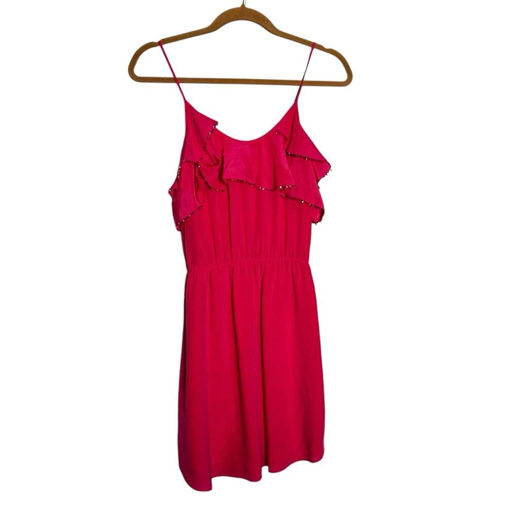 Rebecca Taylor Pink Silk Sequin Ruffle Spaghetti Strap Sleeveless‎ Mini Dress 0